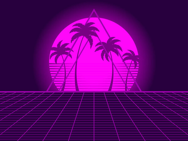 Retro sci-fi background with retro sun, palm trees and 80s style perspective grid. Futuristic sunset with palm trees. Synthwave and retrowave style. Design for banner and poster. Vector illustration