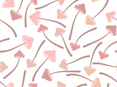 Beyaz arka planda mantarları olan kusursuz bir desen. Uzun saplı mantar. Halüsinojen ve halüsinojen mantarlar. Zehirli mantarlar. Posterler, afişler ve duvar kağıtları için tasarım. Vektör illüstrasyonu