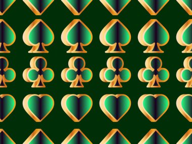 Kart takımlı kusursuz desen: karo, kupa, sinek, maça 3 boyutlu. Yeşil gradyanı olan altın rengi Isometric kart takımları. Baskı, reklam ve afiş tasarımı. Vektör illüstrasyonu