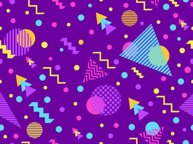 80 'lerin tarzında, geometrik şekilli, kusursuz Memphis deseni. Renkli geometrik desen. Promosyon ürünleri tasarımı, ambalaj kağıdı ve baskı. Vektör illüstrasyonu