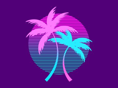 Tropical palm trees at sunset in a futuristic 80s style. Summer time, silhouettes of palm trees in synthwave and retrowave style. Design of advertising booklets and banners. vector illustration