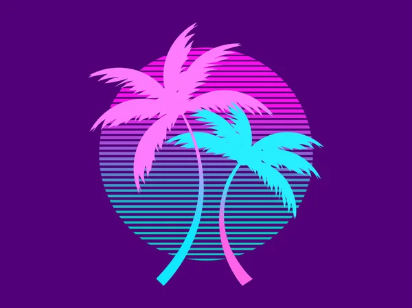 Tropical Palm Trees Sunset Futuristic 80S Style Summer Time Silhouettes — Stock vektor