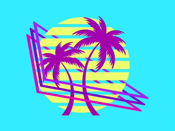 80棵棕榈树在日落时夏天的时候复古的未来主义阳光 合成波和逆波风格 设计广告小册子 横幅和海报 矢量说明 — 图库矢量图片