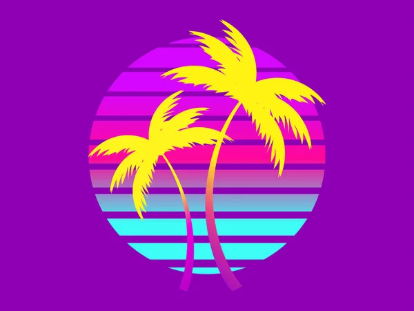 Tropical Palm Trees Sunset Futuristic 80S Style Summer Time Silhouettes — Vettoriale Stock