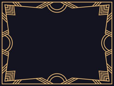 Art deco çerçeve. Siyah arka planda altın renkli klasik doğrusal kenar. Davetiyeler, broşürler ve tebrik kartları için bir şablon tasarla. 1920 'lerin tarzı - 1930' lar. Vektör illüstrasyonu