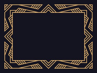 Art deco çerçeve. Siyah arka planda altın renkli klasik doğrusal kenar. Davetiyeler, broşürler ve tebrik kartları için bir şablon tasarla. 1920 'lerin tarzı - 1930' lar. Vektör illüstrasyonu