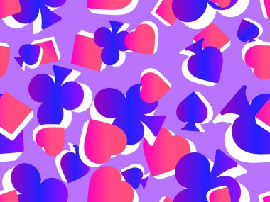 Kart takımlı kusursuz desen: karo, kupa, sinek, maça 3 boyutlu. Değişik renkte kart takımlarının itici sembolleri. Baskı, reklam ve afiş tasarımı. Vektör illüstrasyonu