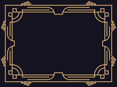 Art deco çerçeve. Siyah arka planda altın renkli klasik doğrusal kenar. Davetiyeler, broşürler ve tebrik kartları için bir şablon tasarla. 1920 'lerin tarzı - 1930' lar. Vektör illüstrasyonu