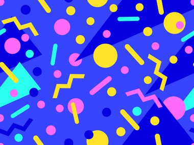 80 'lerin tarzında, geometrik şekilli, kusursuz Memphis deseni. Renkli geometrik desen. Promosyon ürünleri tasarımı, ambalaj kağıdı ve baskı. Vektör illüstrasyonu