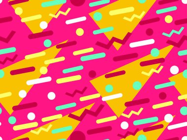 80 'lerin tarzında, geometrik şekilli, kusursuz Memphis deseni. Renkli geometrik desen. Promosyon ürünleri tasarımı, ambalaj kağıdı ve baskı. Vektör illüstrasyonu