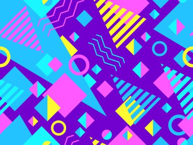 80 'lerin memphis tarzında kusursuz geometrik desen. Renkli geometrik şekiller. Promosyon ürünleri tasarımı, ambalaj kağıdı ve baskı. Vektör illüstrasyonu