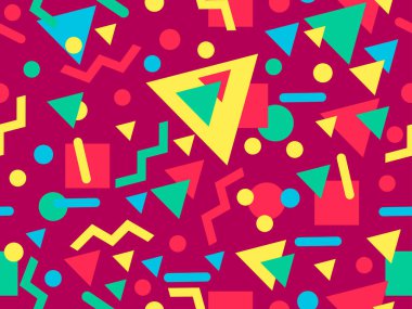 80 'lerin memphis tarzında kusursuz geometrik desen. Renkli geometrik şekiller. Promosyon ürünleri tasarımı, ambalaj kağıdı ve baskı. Vektör illüstrasyonu