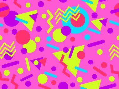 80 'lerin memphis tarzında geometrik şekilli kusursuz desen. Renkli geometrik desen. Promosyon ürünleri tasarımı, ambalaj kağıdı ve baskı. Vektör illüstrasyonu