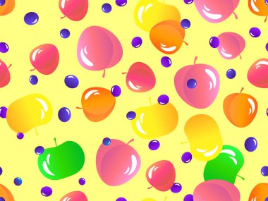 Elma, şeftali ve yaban mersinli kusursuz desen. Yaz meyvesi ve böğürtlen karışımı, meyveler ve meyveler 3 boyutlu olarak, bir gradyan ile. Duvar kâğıdı ve promosyon malzemesi için tasarım. Vektör illüstrasyonu