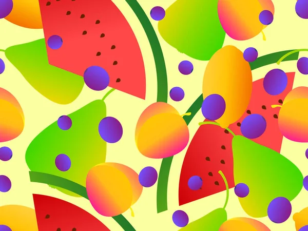 Nahtloses Muster Mit Pfirsich Birne Wassermelone Blaubeere Und Zitrone Sommerfrüchte — Stockvektor