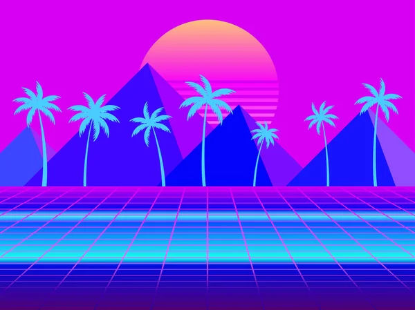 80年代风格的金字塔和棕榈树上的未来派日落 虚拟现实透视网格 园林景观以合成波和逆波的风格出现 矢量说明 — 图库矢量图片