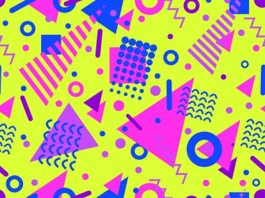 80 'lerin tarzında Memphis elementleriyle geometrik kusursuz desen. Renkli geometrik desen. Promosyon ürünleri tasarımı, ambalaj kağıdı ve baskı. Vektör illüstrasyonu