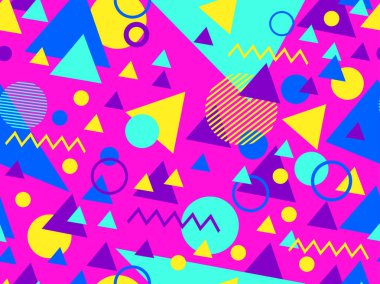 80 'lerin tarzında, geometrik şekilli, kusursuz Memphis deseni. Renkli geometrik desen. Promosyon ürünleri tasarımı, ambalaj kağıdı ve baskı. Vektör illüstrasyonu