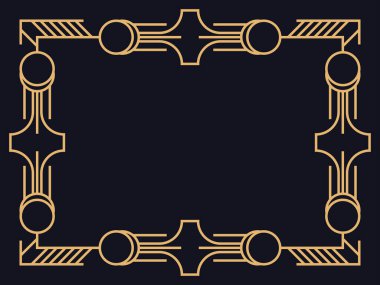 Art deco çerçeve. Siyah arka planda altın renkli klasik doğrusal kenar. Davetiyeler, broşürler ve tebrik kartları için bir şablon tasarla. 1920 'lerin tarzı - 1930' lar. Vektör illüstrasyonu