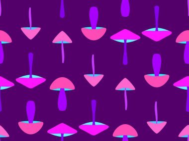 Renkli mantarlar dikişsiz desen. 80 'lerin tarzında uzun saplı mantarlar. Halüsinojenler ve saykodelik mantarlar. Posterler, afişler ve duvar kağıtları için tasarım. Vektör illüstrasyonu