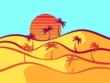 Palmiye ağaçları ve kum tepeleri olan çöl manzarası. Çölde gün doğumu, palmiye ağaçlarının siluetleriyle kum tepeleri. Baskı, afişler ve posterler için tasarım. Vetornaya illüstrasyonu
