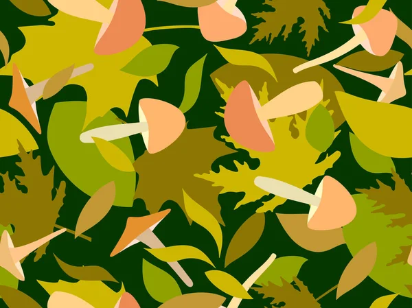 Herbstnahtloses Muster Mit Blättern Und Pilzen Laubfall Ahorn Und Eichenblätter — Stockvektor