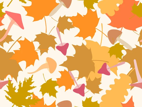 Autumn Seamless Pattern Leaves Mushrooms Leaf Fall Maple Oak Leaves — Stock Vector