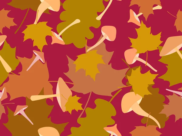 Herbstnahtloses Muster Mit Blättern Und Pilzen Laubfall Ahorn Und Eichenblätter — Stockvektor