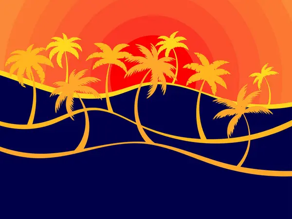 风景与线性波浪形景观与轮廓棕榈树的日落 在黑色背景上以简约的风格呈现橙色的风景 矢量说明 — 图库矢量图片