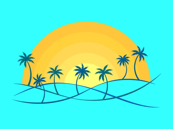 ヤシの木と青い背景に太陽が昇るライン風景アウトライン ミニマルなスタイルで夏の熱帯の風景 Tシャツやバナーを印刷するためのデザイン ベクターイラスト — ストックベクタ