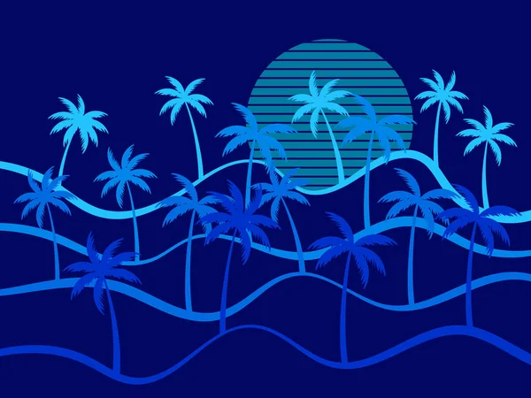 Хвилястий Лінійний Пейзаж Силуетами Пальмових Дерев Блакитним Сонцем Стилі Років — стоковий вектор
