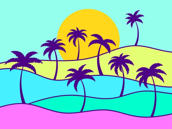 Paysage Coloré Ondulé Avec Des Silhouettes Palmiers Sur Fond Soleil — Image vectorielle