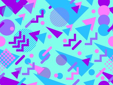 80 'lerin tarzında, geometrik şekilli, kusursuz Memphis deseni. Renkli geometrik desen. Promosyon ürünleri tasarımı, ambalaj kağıdı ve baskı. Vektör illüstrasyonu
