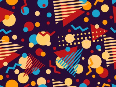 80 'lerin tarzında, geometrik şekilli, kusursuz Memphis deseni. Broşürler, afişler ve tanıtım ürünleri için soyut renkli arkaplan tasarımı. Vektör illüstrasyonu