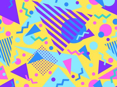 80 'lerin tarzında, geometrik şekilli, kusursuz Memphis deseni. Renkli geometrik desen. Promosyon ürünleri tasarımı, ambalaj kağıdı ve baskı. Vektör illüstrasyonu