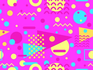 80 'lerin tarzında Memphis elementleriyle geometrik kusursuz desen. Renkli geometrik desen. Promosyon ürünleri tasarımı, ambalaj kağıdı ve baskı. Vektör illüstrasyonu