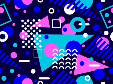 80 'lerin tarzında, geometrik şekilli, kusursuz Memphis deseni. Broşürler, afişler ve tanıtım ürünleri için soyut renkli arkaplan tasarımı. Vektör illüstrasyonu