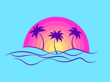 Palmiye ağaçları ve yükselen güneşin mavi arka planda olduğu bir çizgi çizgisi. Minimalist tarzda yaz tropik manzarası. Tişört ve afiş basmak için tasarlandı. Vektör illüstrasyonu