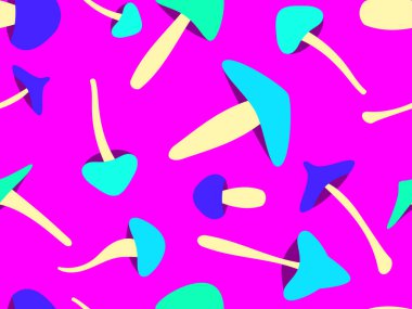 Renkli mantarlar dikişsiz desen. 80 'lerin tarzında uzun saplı mantarlar. Halüsinojenler ve saykodelik mantarlar. Posterler, afişler ve duvar kağıtları için tasarım. Vektör illüstrasyonu