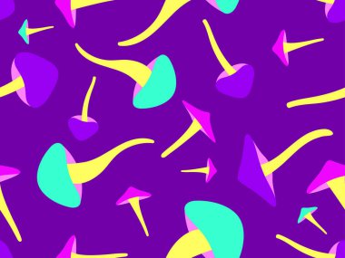 Renkli mantarlar dikişsiz desen. 80 'lerin tarzında uzun saplı mantarlar. Halüsinojenler ve saykodelik mantarlar. Posterler, afişler ve duvar kağıtları için tasarım. Vektör illüstrasyonu