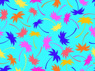 Palmiye ağaçları pürüzsüz. Yaz zamanı, renkli palmiye ağaçlarıyla tropik desenler. Tişört, pankart ve promosyon ürünleri için tasarım. Vektör illüstrasyonu