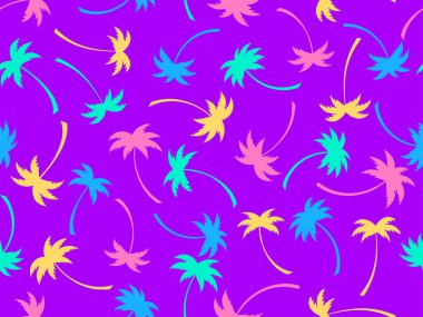 Renkli palmiye ağaçları pürüzsüz desenli. Klasik tropik duvar kağıdı. Poster, seyahat afişi ve ambalaj için tasarım. Vektör illüstrasyonu