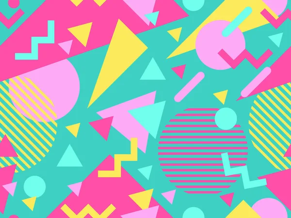 80 'ler ve 90' lar tarzında geometrik şekilli kusursuz Memphis deseni. Farklı şekil ve renklerin geometrik şekilleri. Promosyon ürünleri tasarımı, ambalaj kağıdı ve baskı. Vektör illüstrasyonu