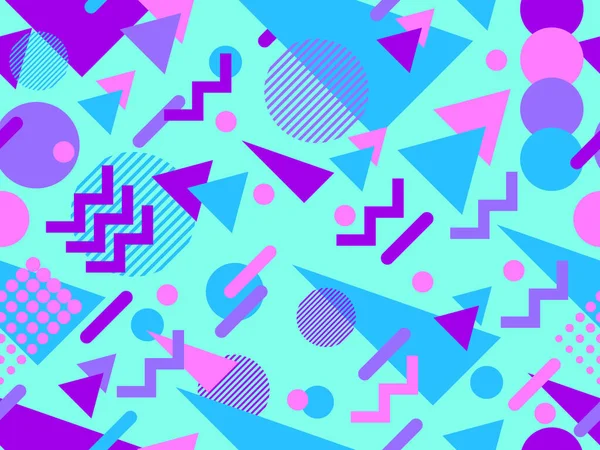 80 'lerin tarzında, geometrik şekilli, kusursuz Memphis deseni. Renkli geometrik desen. Promosyon ürünleri tasarımı, ambalaj kağıdı ve baskı. Vektör illüstrasyonu