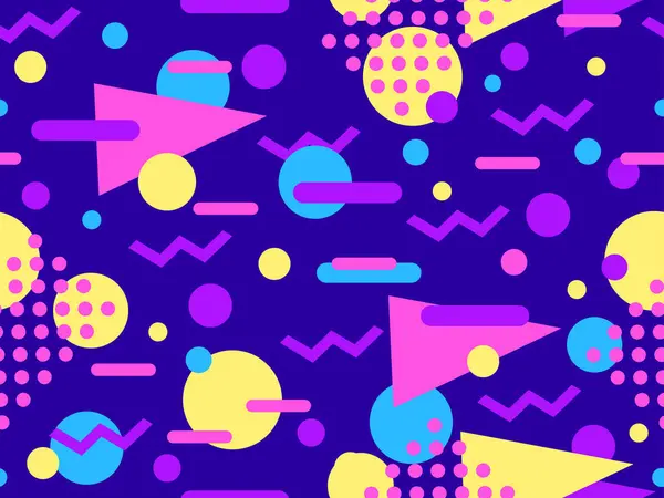 80 'lerin tarzında, geometrik şekilli, kusursuz Memphis deseni. Renkli geometrik desen. Promosyon ürünleri tasarımı, ambalaj kağıdı ve baskı. Vektör illüstrasyonu
