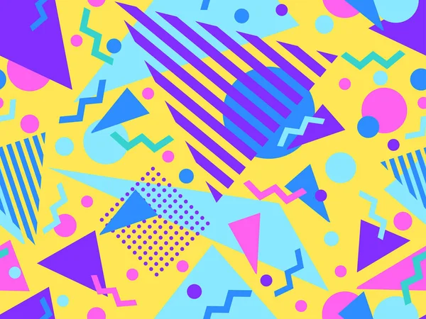 80 'lerin tarzında, geometrik şekilli, kusursuz Memphis deseni. Renkli geometrik desen. Promosyon ürünleri tasarımı, ambalaj kağıdı ve baskı. Vektör illüstrasyonu
