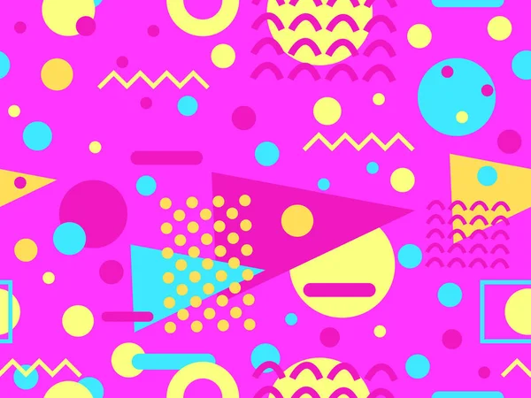 80 'lerin tarzında Memphis elementleriyle geometrik kusursuz desen. Renkli geometrik desen. Promosyon ürünleri tasarımı, ambalaj kağıdı ve baskı. Vektör illüstrasyonu