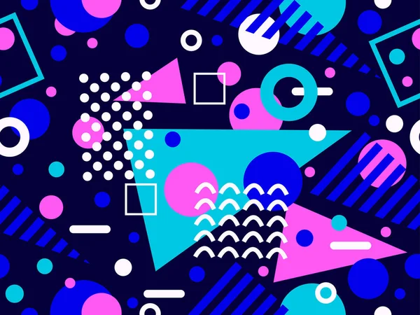 80 'lerin tarzında, geometrik şekilli, kusursuz Memphis deseni. Broşürler, afişler ve tanıtım ürünleri için soyut renkli arkaplan tasarımı. Vektör illüstrasyonu