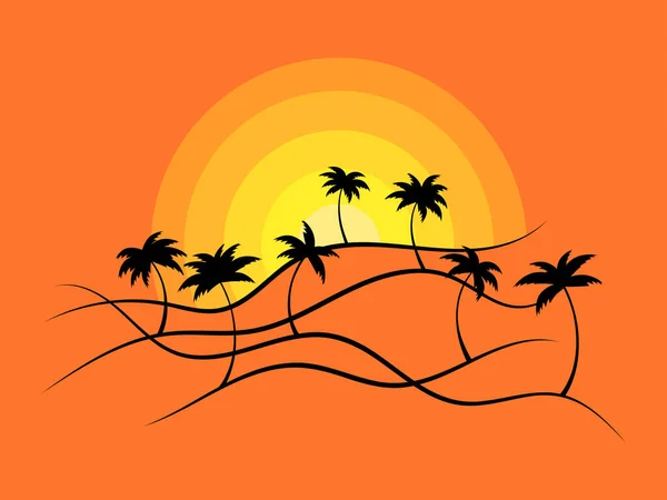 Wavy Landscape Palm Trees Sunset Line Art Style Tropical Landscape — Stock Vector
