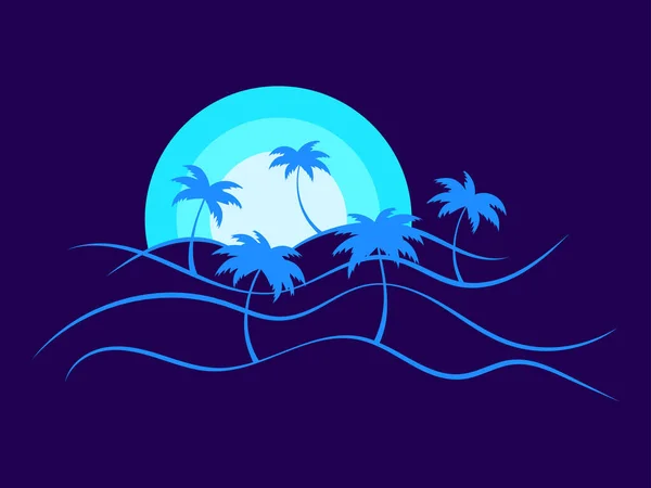 Line Landscape Outline Palm Trees Rising Sun Blue Background Summer — Stock Vector